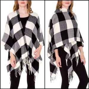 Boho Buffalo Plaid Ruana Poncho | Black & Ivory